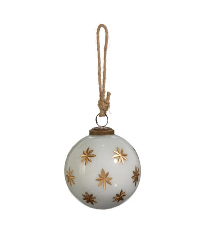 4" Ivory with Gold Star Etched Ball Ornament