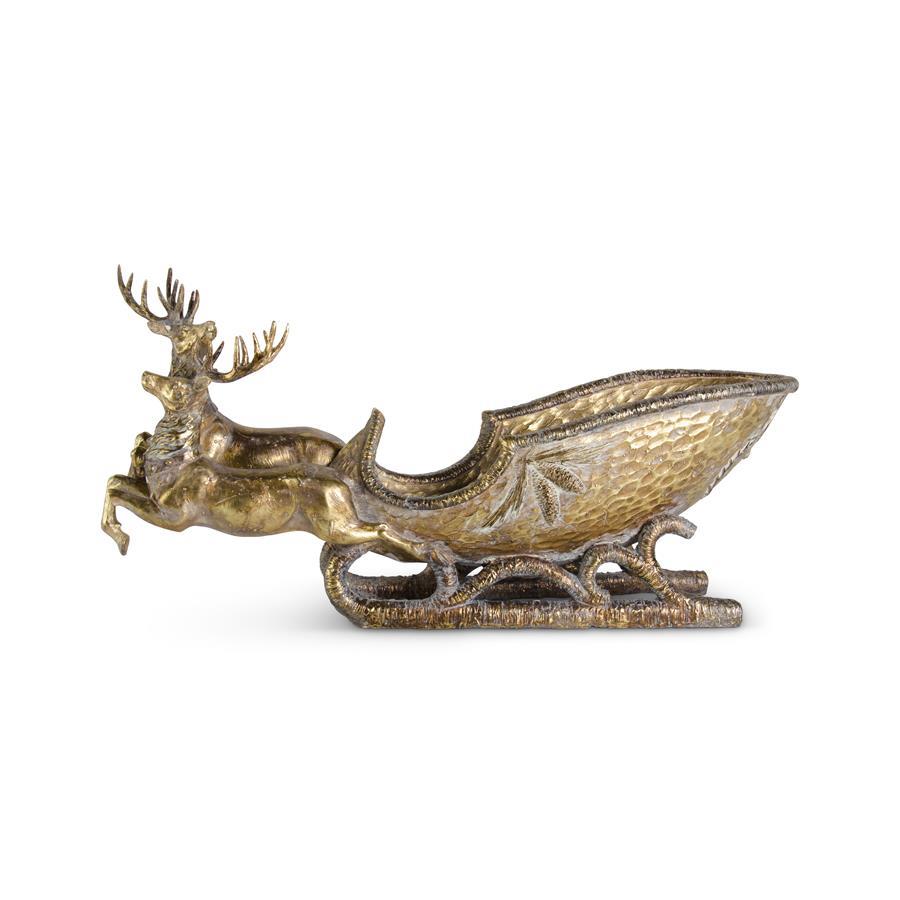 Deer Pulling Sleigh with Antiqued Gold Finish