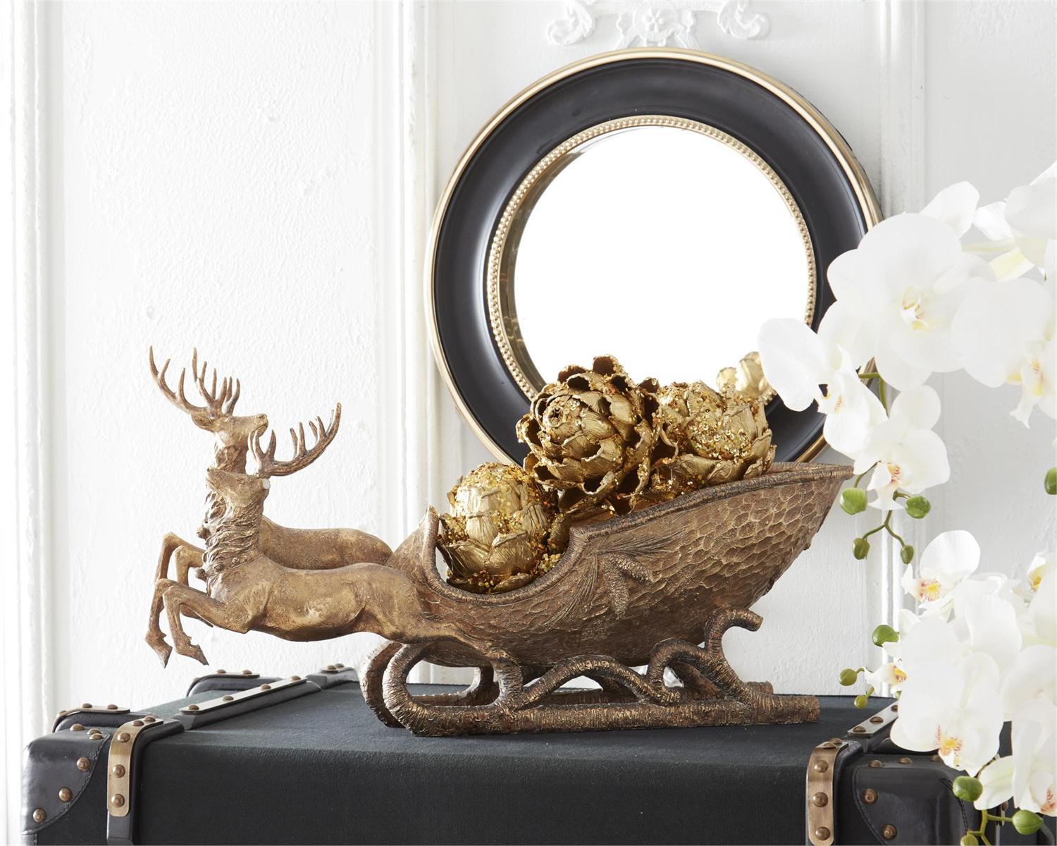 Deer Pulling Sleigh with Antiqued Gold Finish