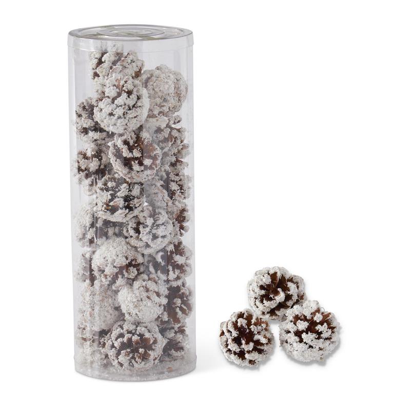 12 Inch Cylinder of Glittered Flocked Short Brown Pinecones