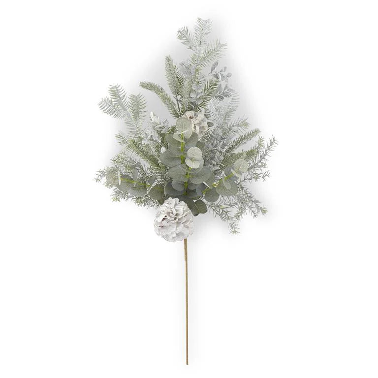 28 Inch Silver Glittered Mixed Pine Eucalyptus Stem with Pinecones