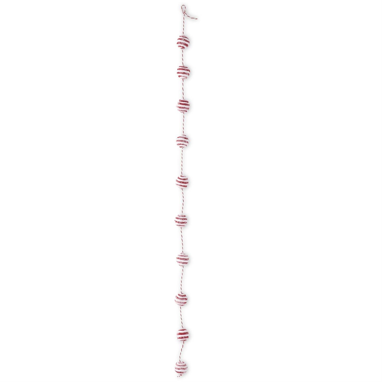 60 Inch Glittered Snowy Red & White Yarn Striped Ball Garland