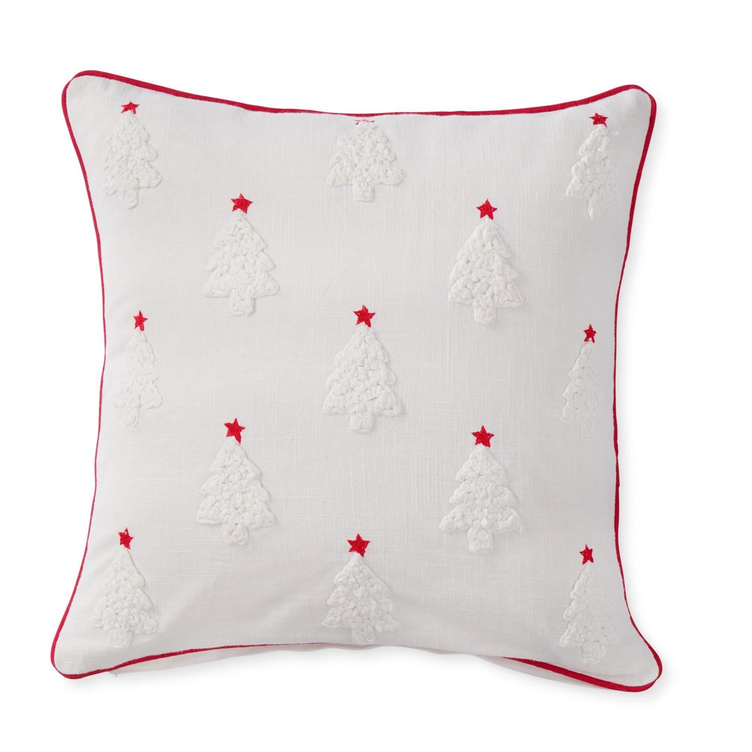 White Cotton Pillow with Trees & Red Embroidered Stars