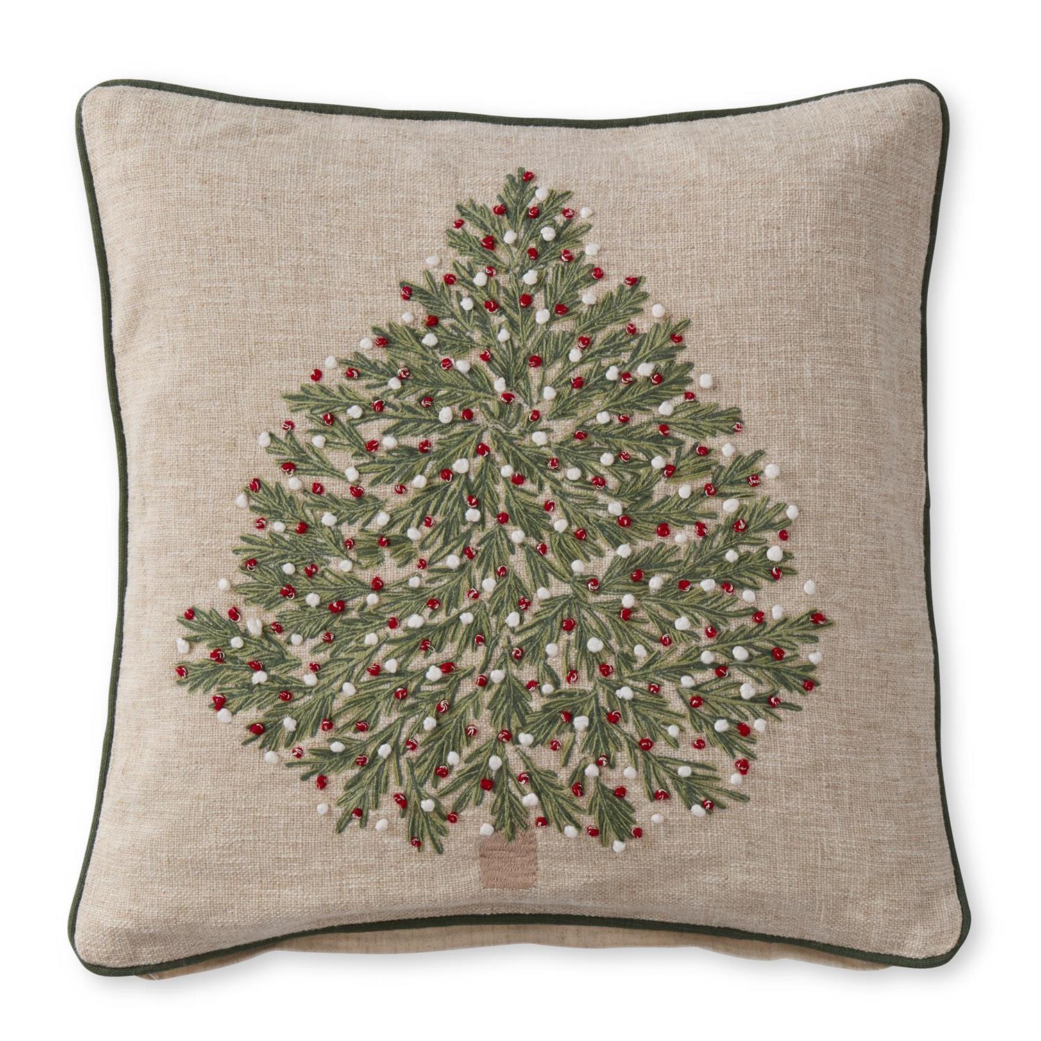 20 Inch Tan Christmas Tree Pillow with Red & White Ornaments