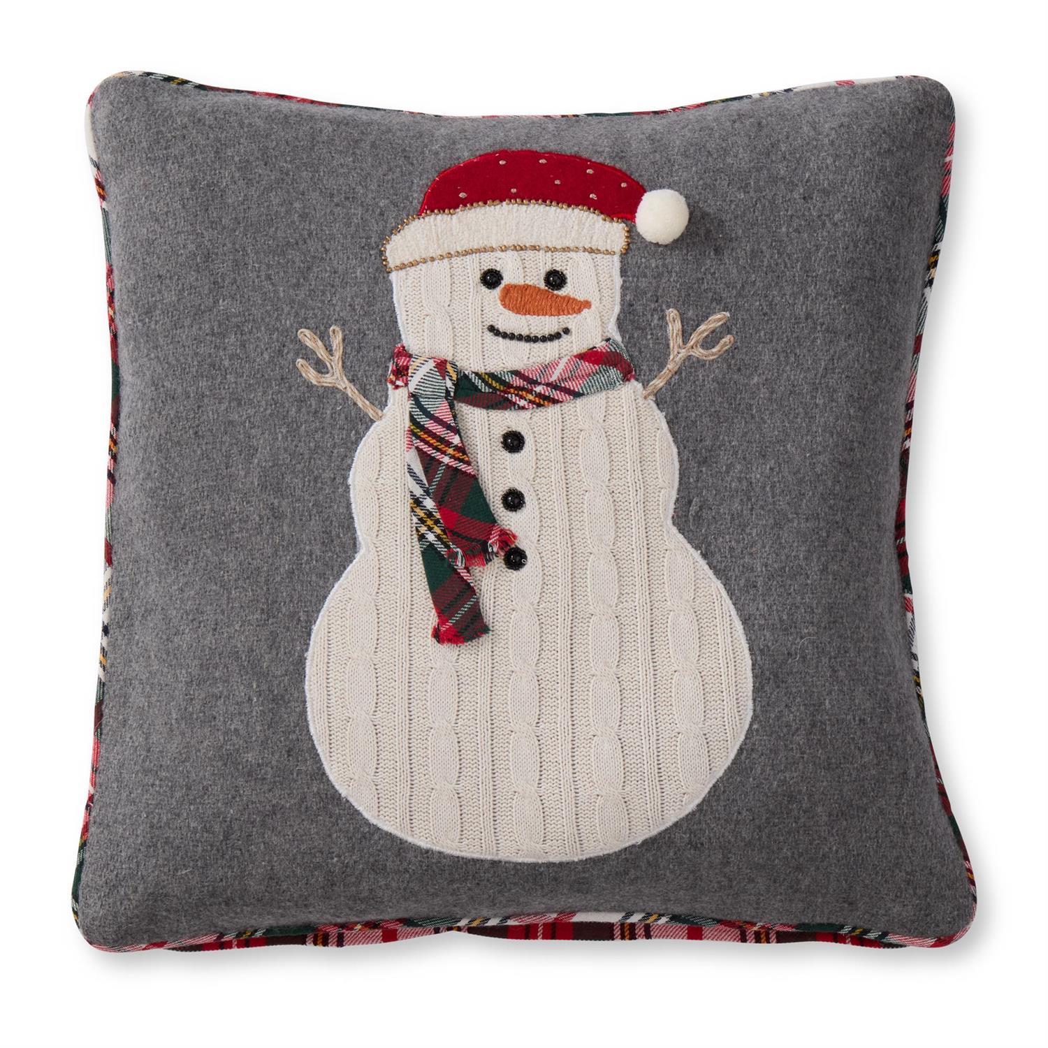 20 Inch Grey Wool & Cotton Pillow with Knit Snowman & Tartan Scarf