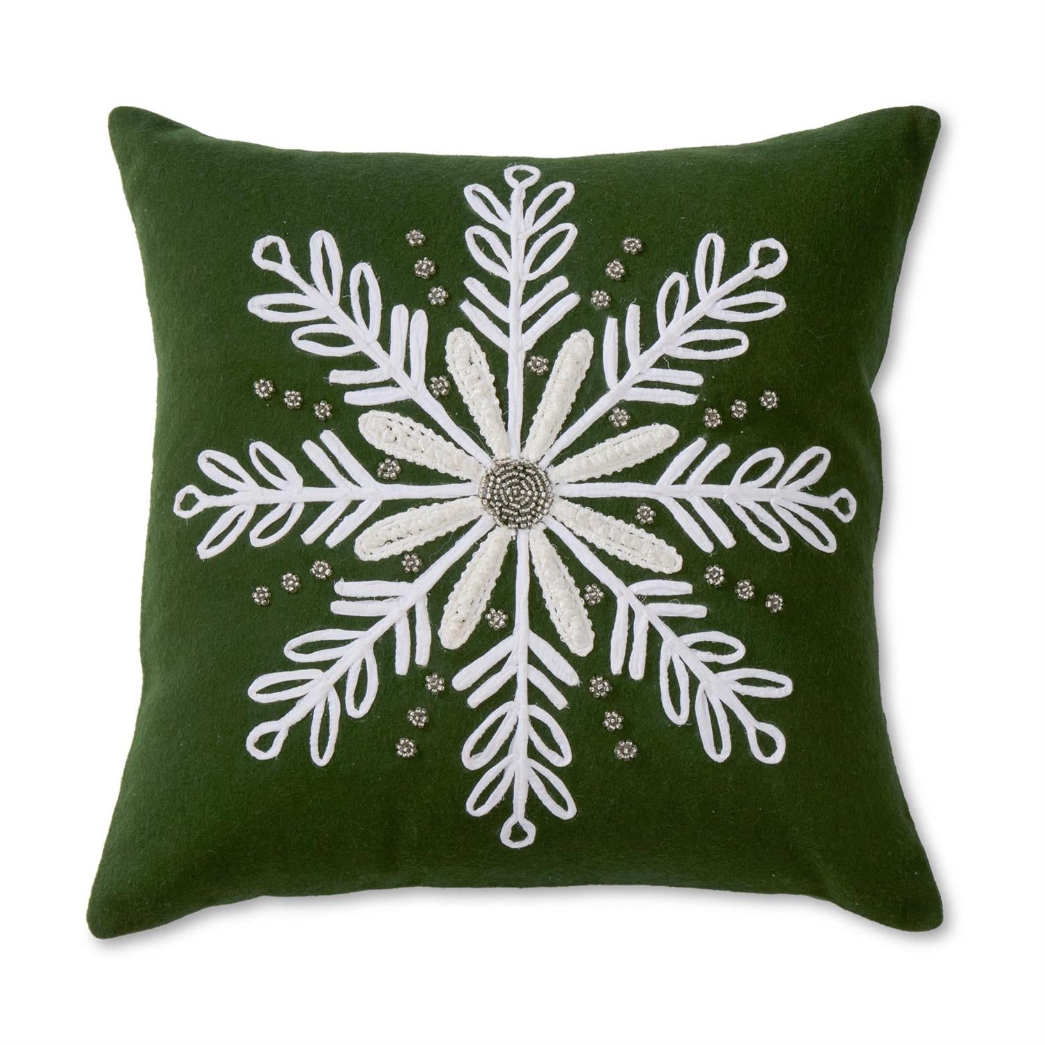 20 Inch Green Wool Pillow with White Beaded Snowflake
