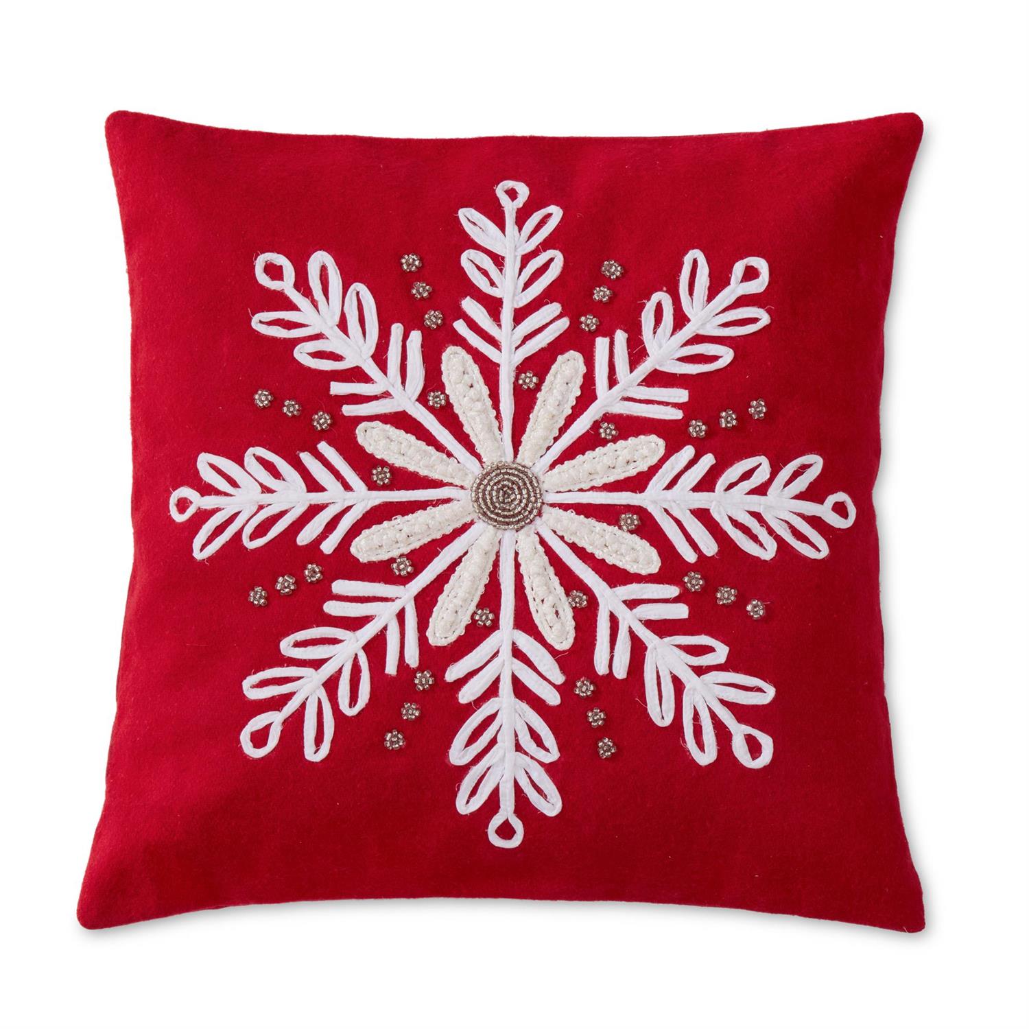20 Inch Red Wool Pillow with White Beaded Snowflake