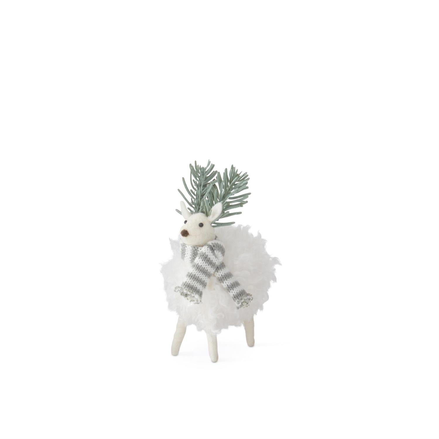 7 Inch White Wool Deer with Evergreen Antlers