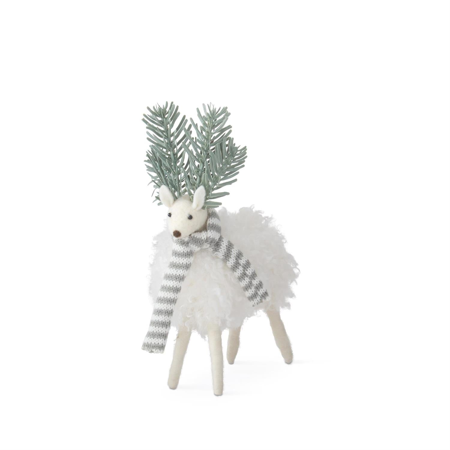 10 Inch White Wool Deer with Evergreen Antlers