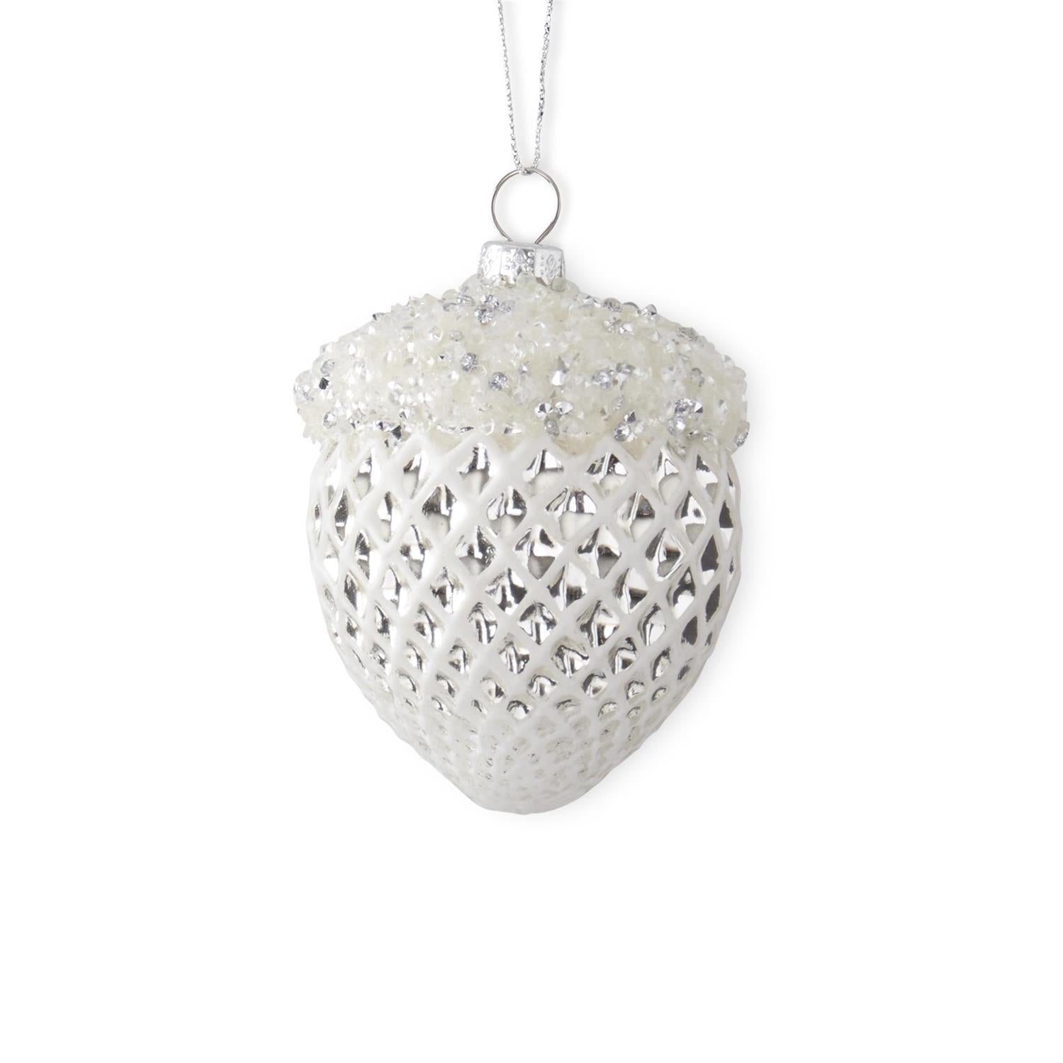 4 Inch Silver Glass Pinecone with Glittered Top Ornament