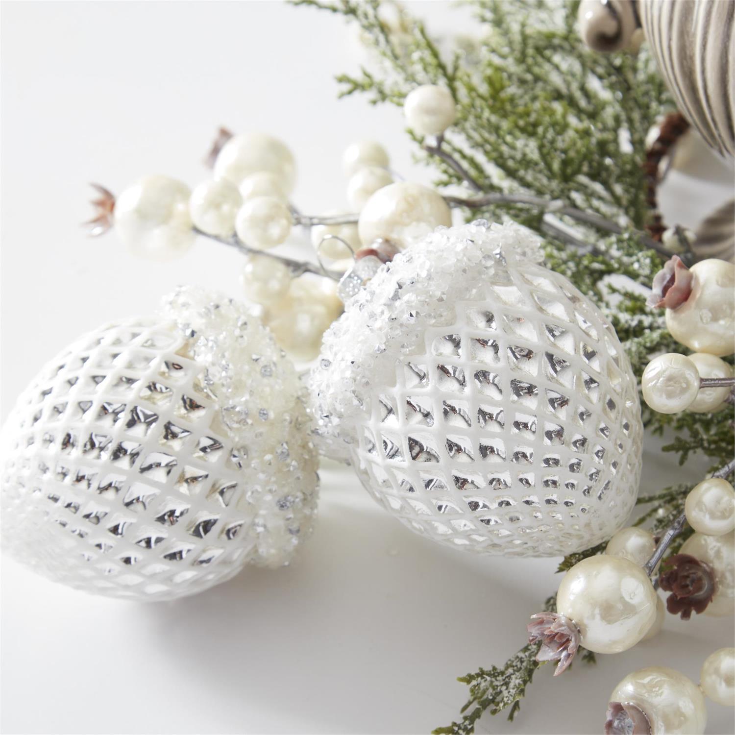 4 Inch Silver Glass Pinecone with Glittered Top Ornament