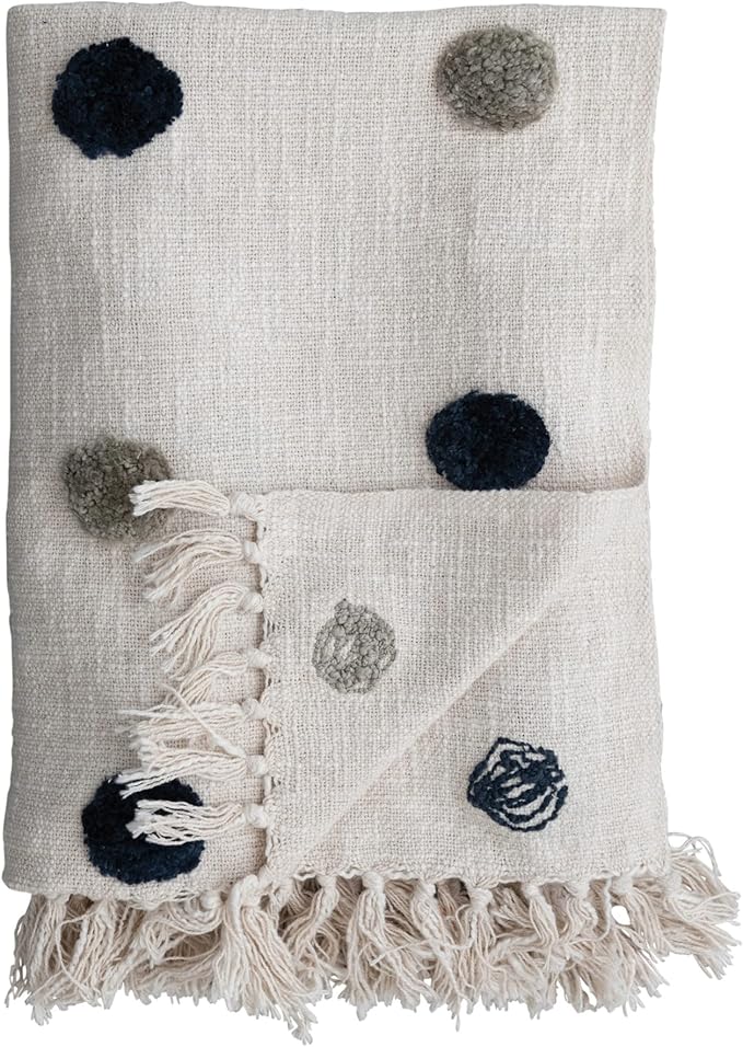 Cotton Slub Throw with Tufted Dots & Fringe