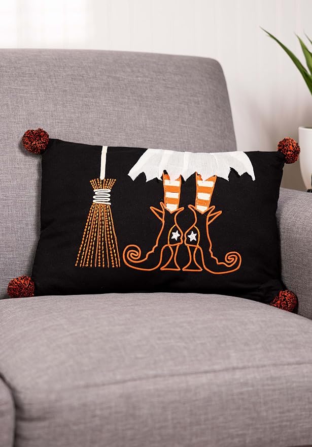Black Rectangular Stitched Witch Boot and Broom Pillow