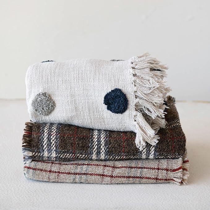 Cotton Slub Throw with Tufted Dots & Fringe