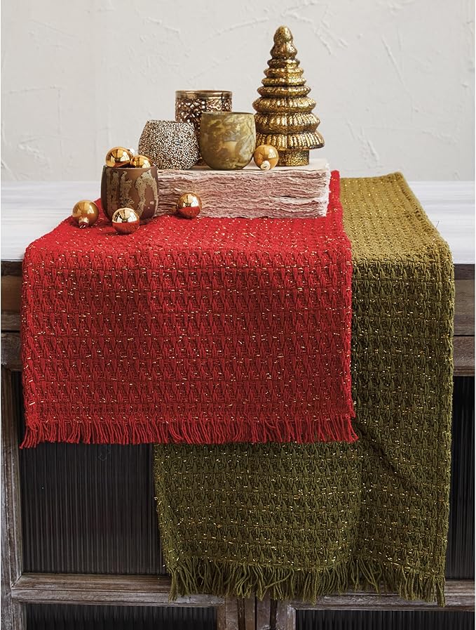Red Woven Cotton Table Runner 108x14