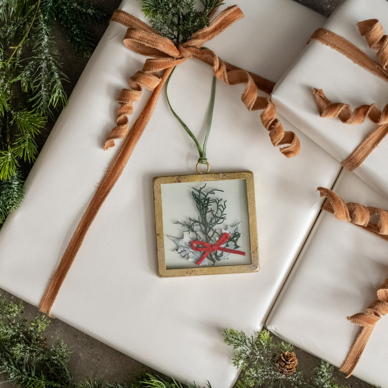 Pressed Holiday Floral Ornament with Red Bow