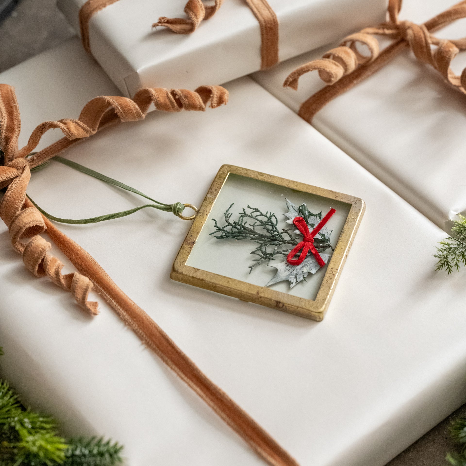 Pressed Holiday Floral Ornament with Red Bow