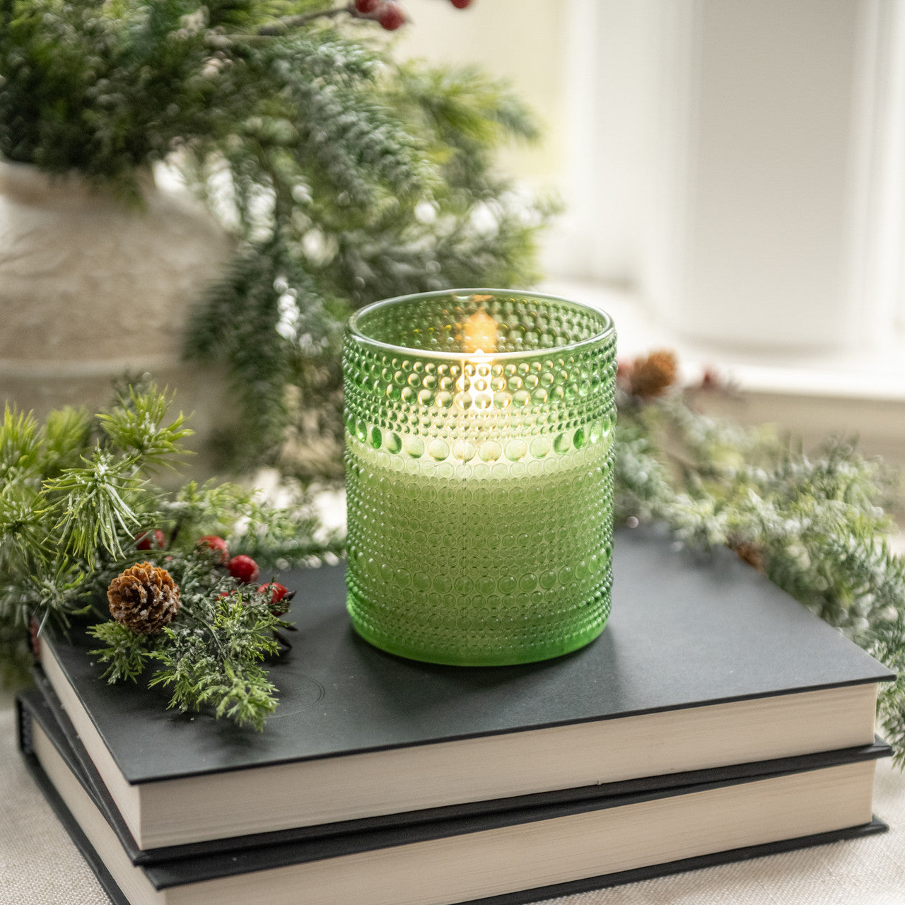 4 Inch Pine Green Dotted Glass 3D Flame Candle
