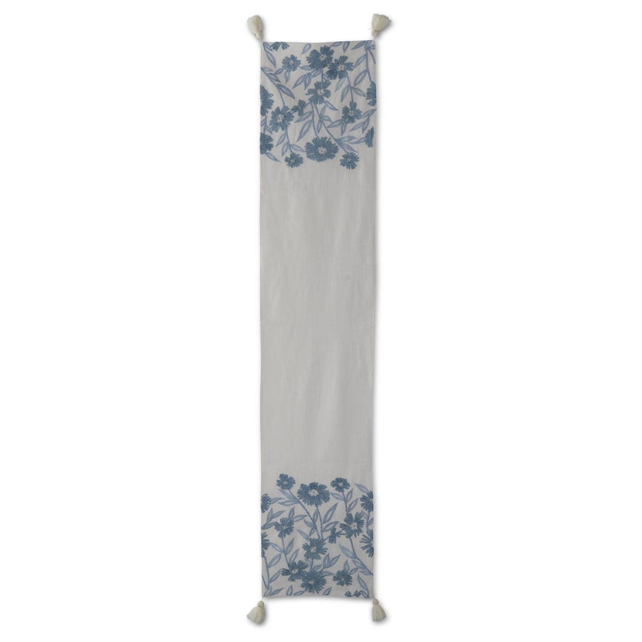 72 Inch White Linen Blue Embroidered Floral Table Runner