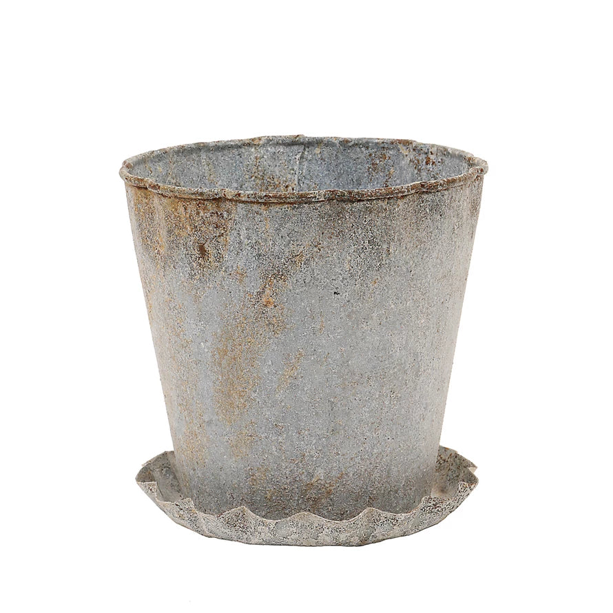 Distressed Metal Pot with Pleated Saucer