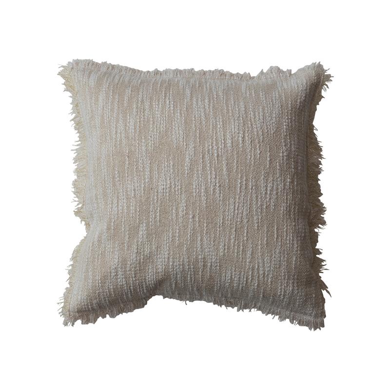 Square Woven Cotton Slub Pillow with Metallic Gold Thread & Fringe