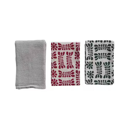 Stonewashed Cotton Printed & Waffle Weave Tea Towels- Set of 3