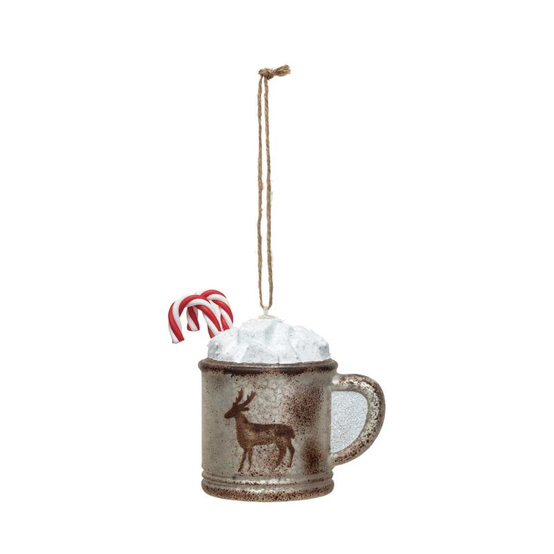 Glass Mug with Candy Cane & Deer Ornament