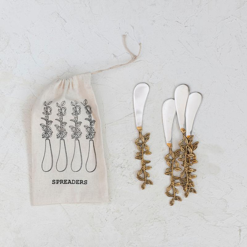 Stainless Steel & Brass Canape Knives with Leaves Handles