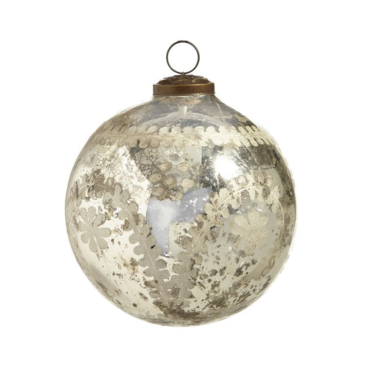 5 Inch Etched Silver Mercury Glass Ball Ornament