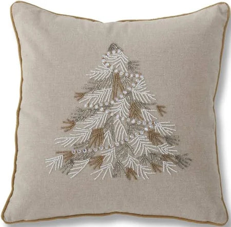 18 Inch Square Cotton Beaded Christmas Tree Pillow