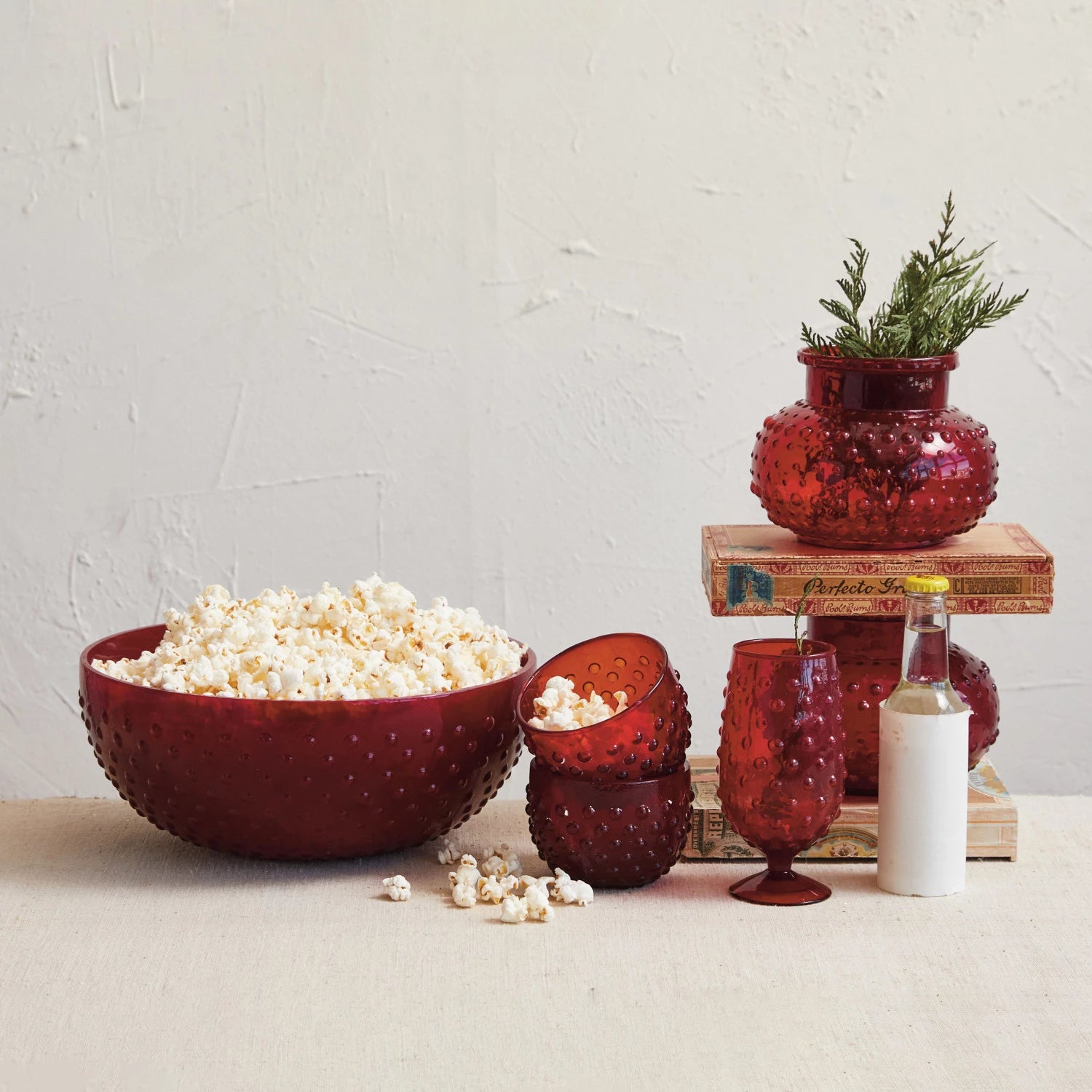 4-1/2 Red Quart Glass Hobnail Serving Bowl