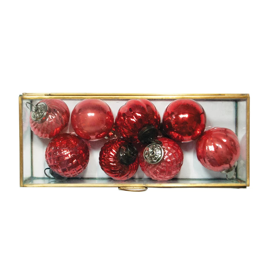 Embossed Red Mercury Glass Ornaments in Display Box