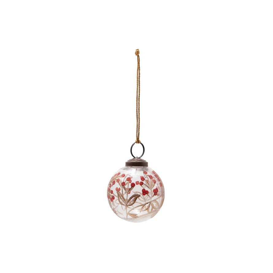 Hand-Painted Etched Glass Ornament with Berry Design