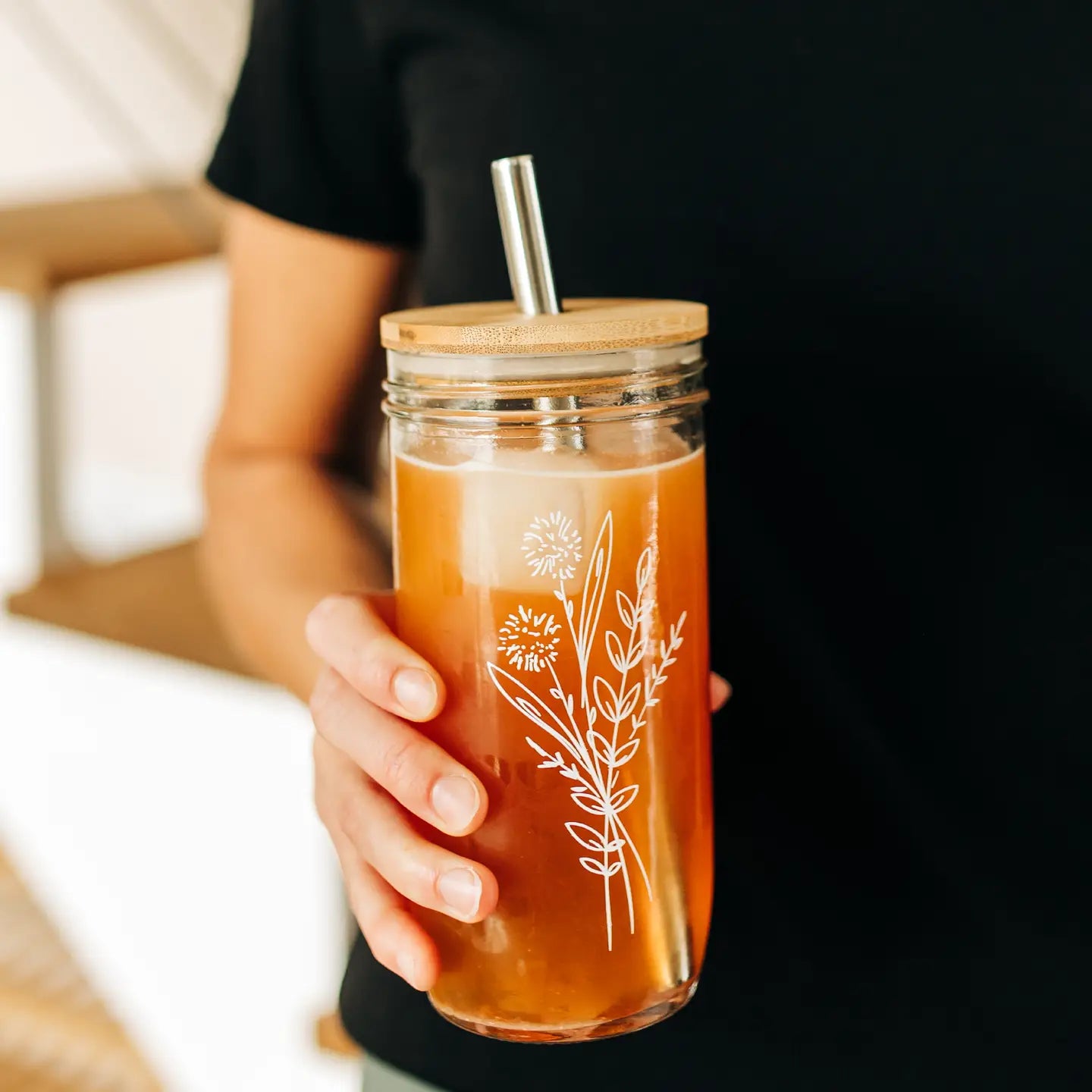 Floral Bouquet Glass Tumbler + Bamboo Lid