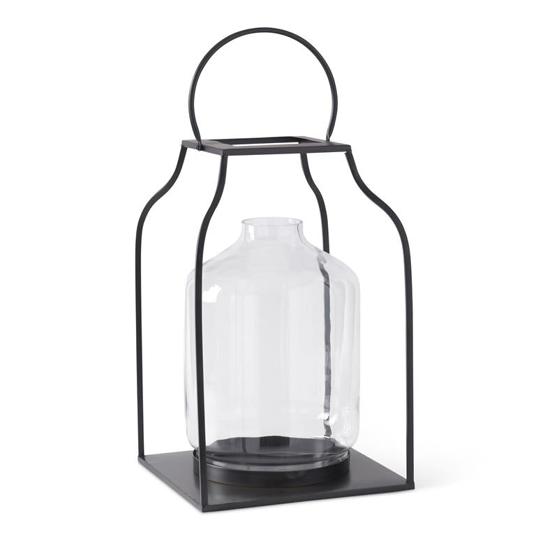20.5 Inch Black Metal Trapezoid Lantern with Glass Hurricane