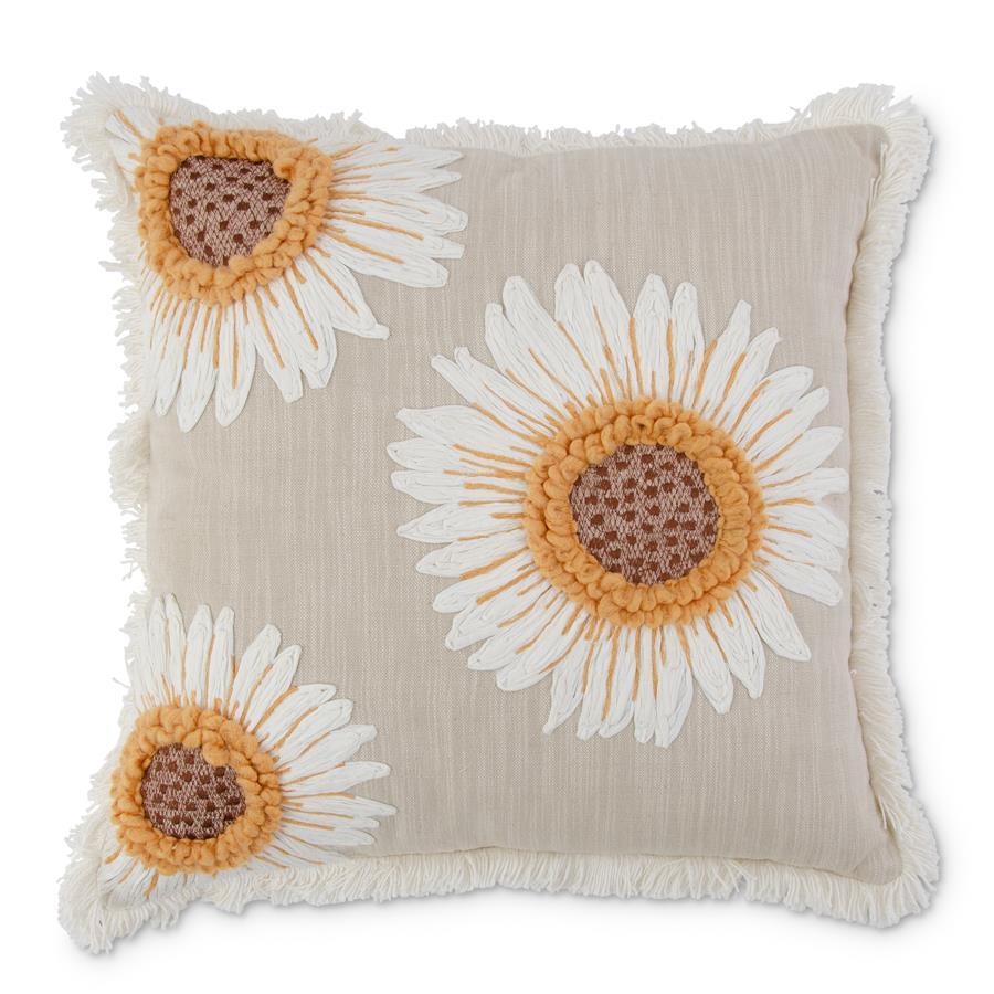 18 Inch Square Tan Linen Pillow with Embroidered Sunflowers