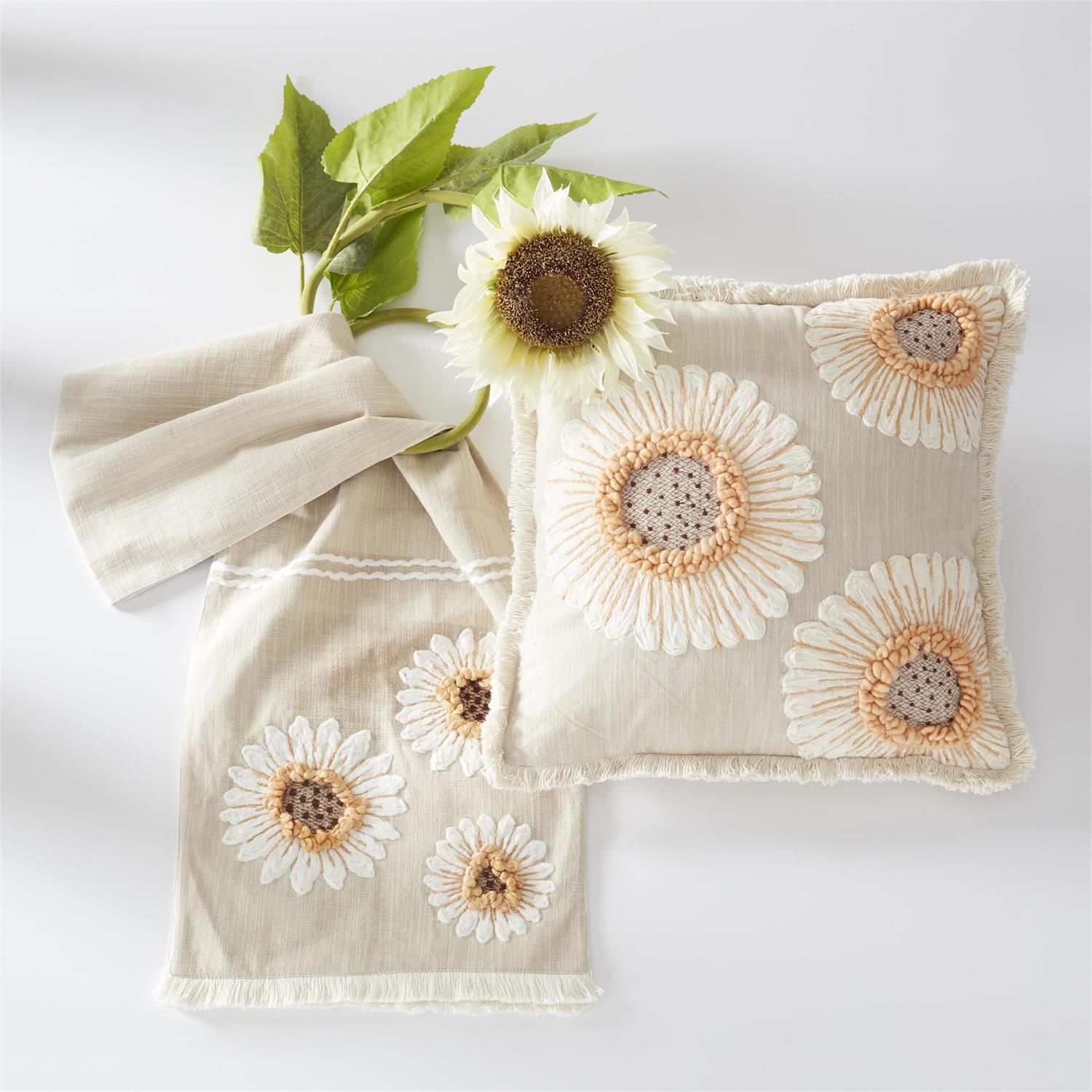 18 Inch Square Tan Linen Pillow with Embroidered Sunflowers
