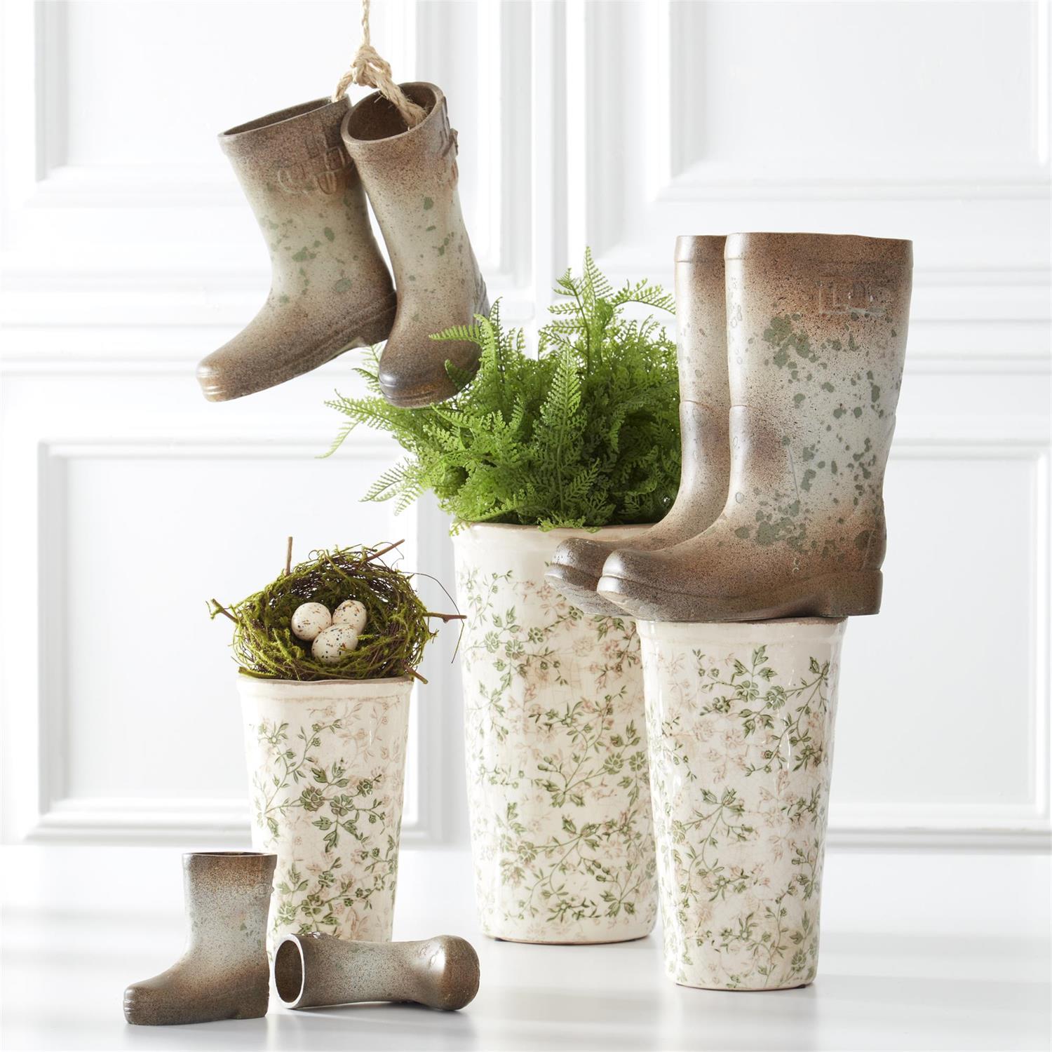 Small Cream & Green Floral Ceramic Pot