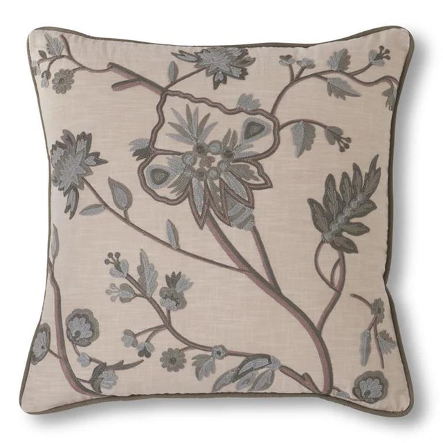 20 Inch Square Cotton Pillow with Gray Floral Embroidery