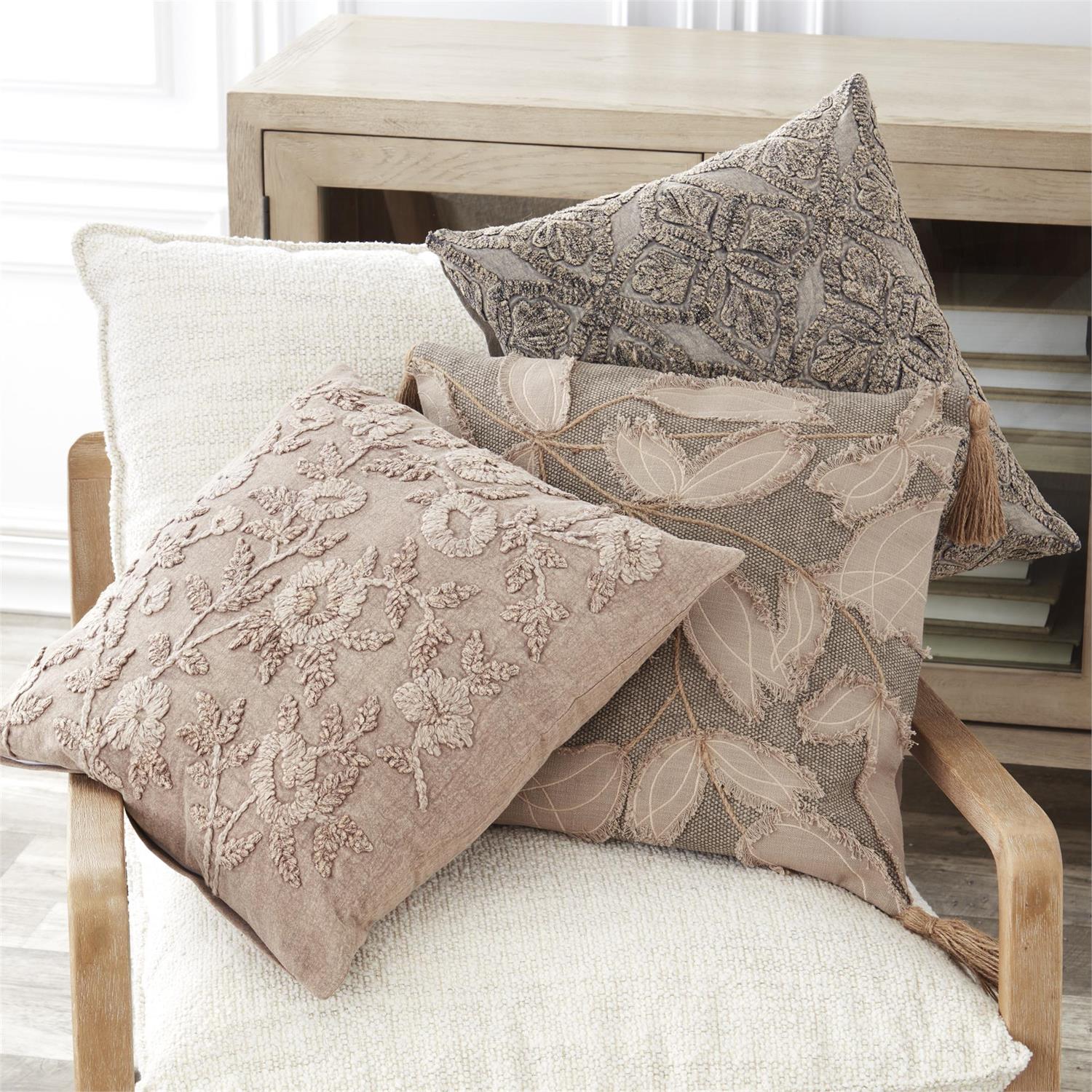 Cotton Stone Washed Taupe Floral Embroidered Pillow