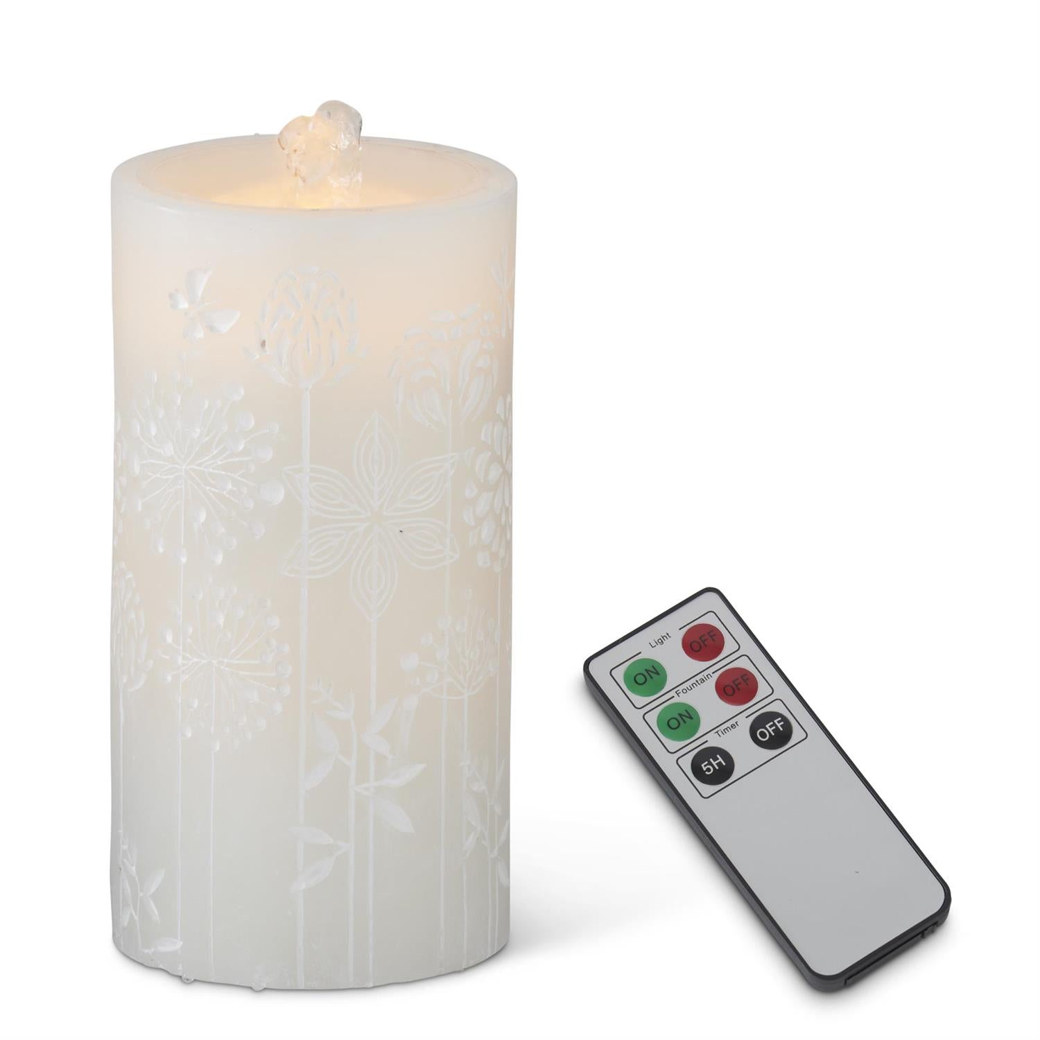 White Water LED Flower Embossed Pillar Candle with Timer & Remote