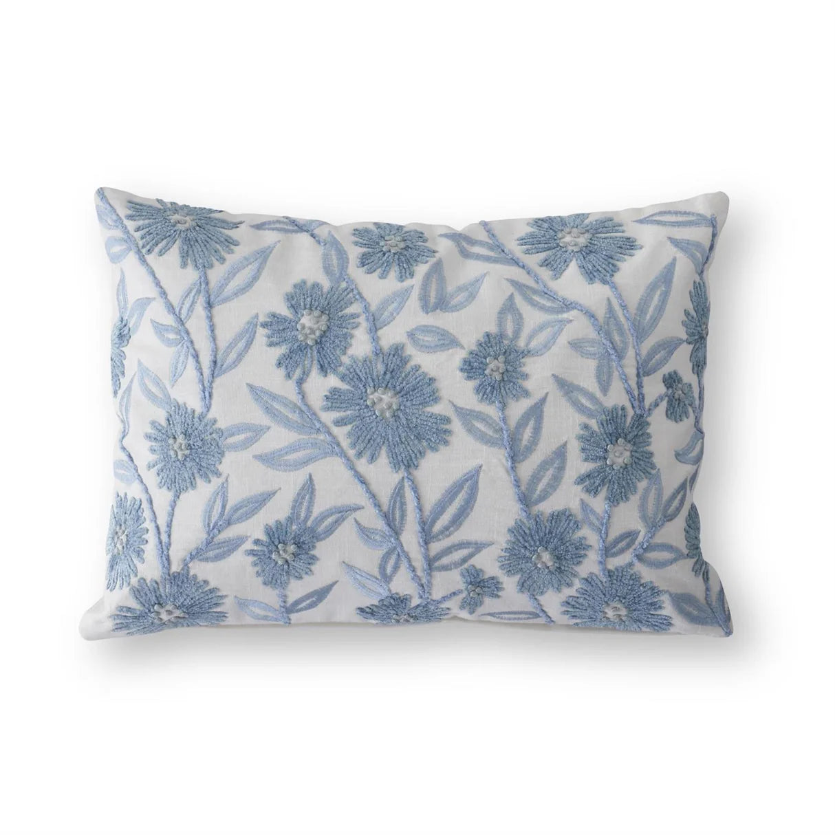 14 Inch Lumbar White Linen & Blue Embroidered Floral