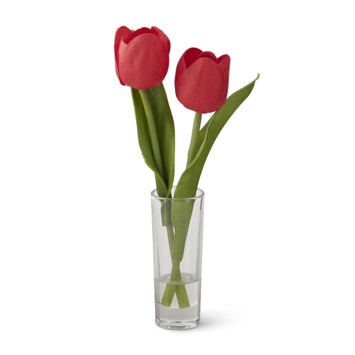 Red Real Touch Double Tulip Premade in Glass Vase with Faux Water