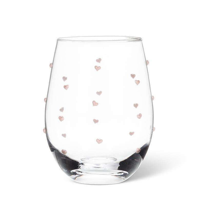 Stemless Wine Glass with Pink Hearts
