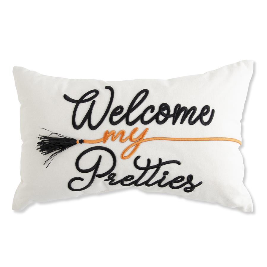 Tan Rectangle Pillow with Embroidered WELCOME MY PRETTIES