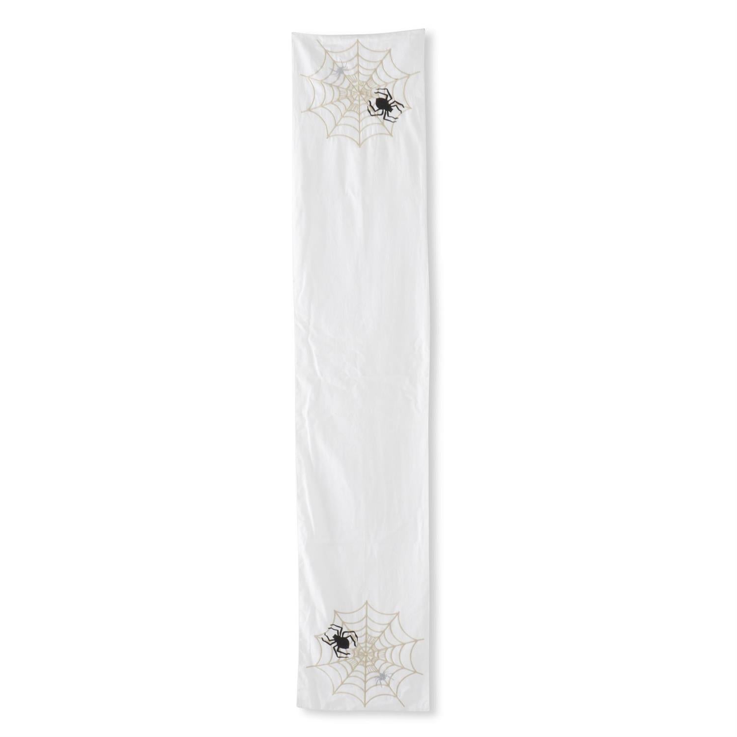 72 Inch White Halloween Table Runner with Embroidered Spiders & Web