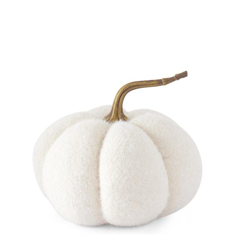 6.5 Inch Fuzzy White Knit Pumpkin with Resin Stem
