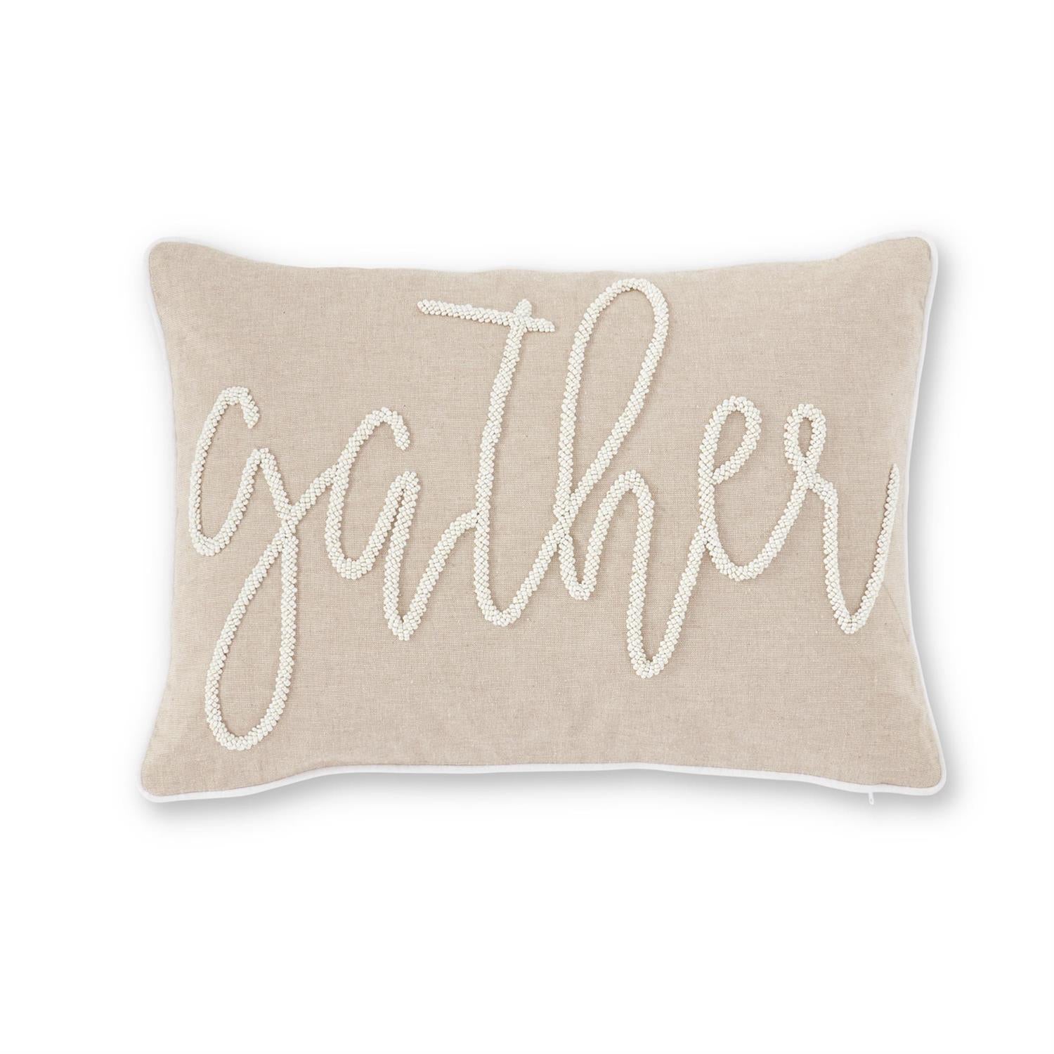 20 Inch Rectangular Tan White Beaded GATHER Pillow