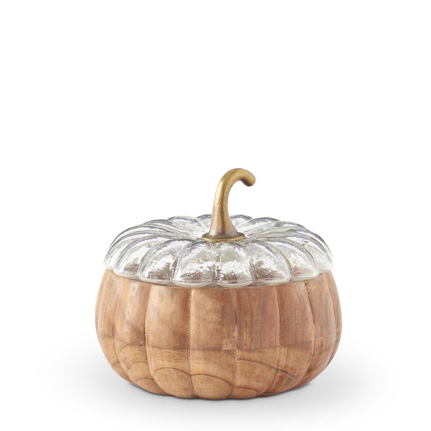 6.25 Inch Wood Pumpkin Container with Glass Lid