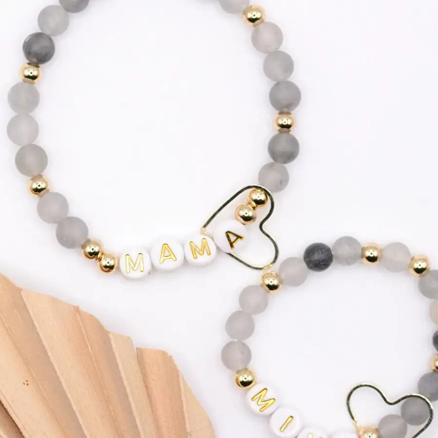 Mama Mini Matching Black Gold Beaded Bracelet Jewelry Set